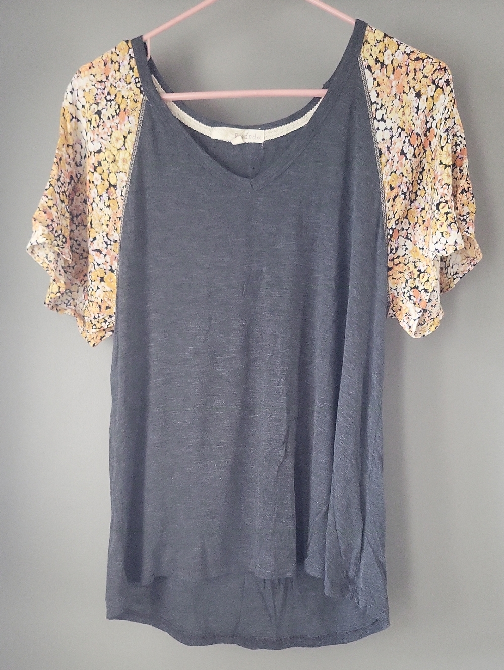 Rewind Grey V-Neck Tee with Yellow Floral Flutter Sleeves